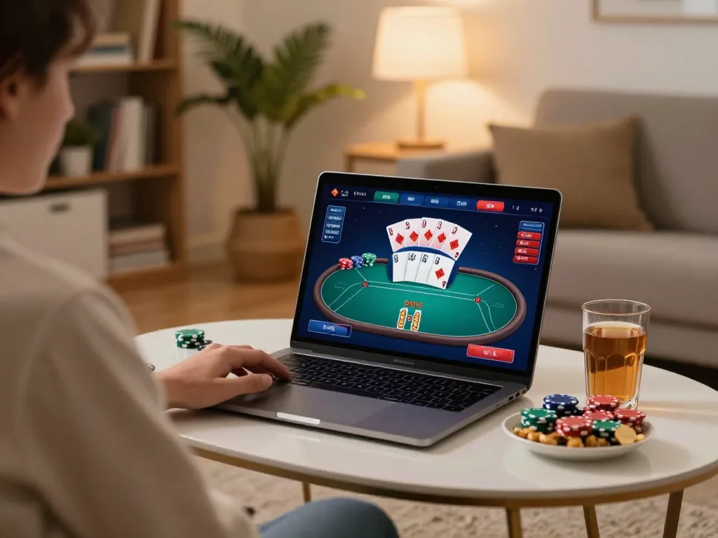 Engage in thrilling online poker at dn88 on a cozy home setup with vibrant gaming elements.