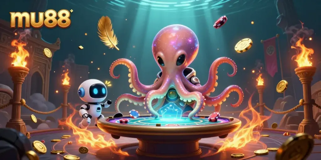 Experience thrilling gaming at mu88 with a vibrant 3D illustration of an alien octopus at a holographic poker table.