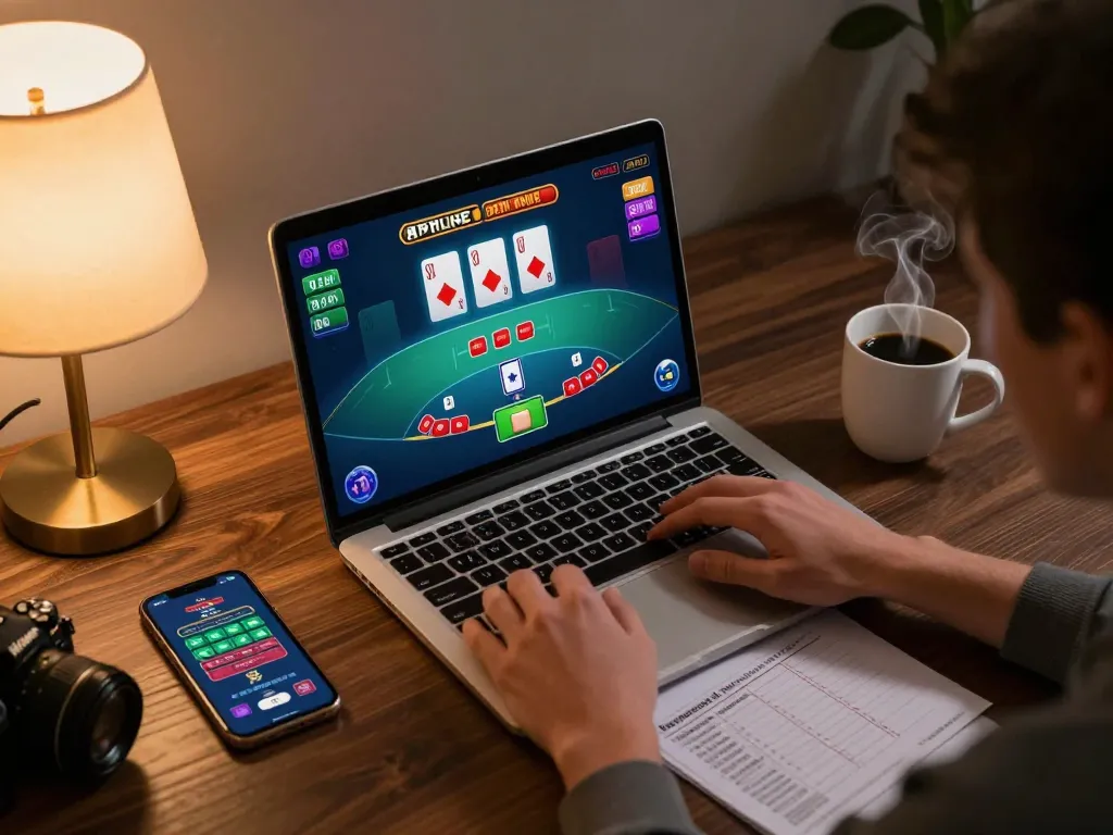 Player engaging in a live dealer game illustrating qq88 lừa đảo không ? in a warm home gaming setup with strategic notes.