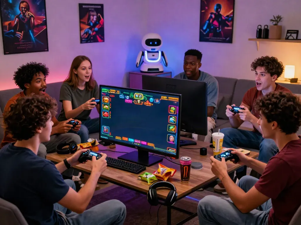 Friends enjoying a lively casino gaming experience at https://uk88.ad/ in a cozy living room setting.