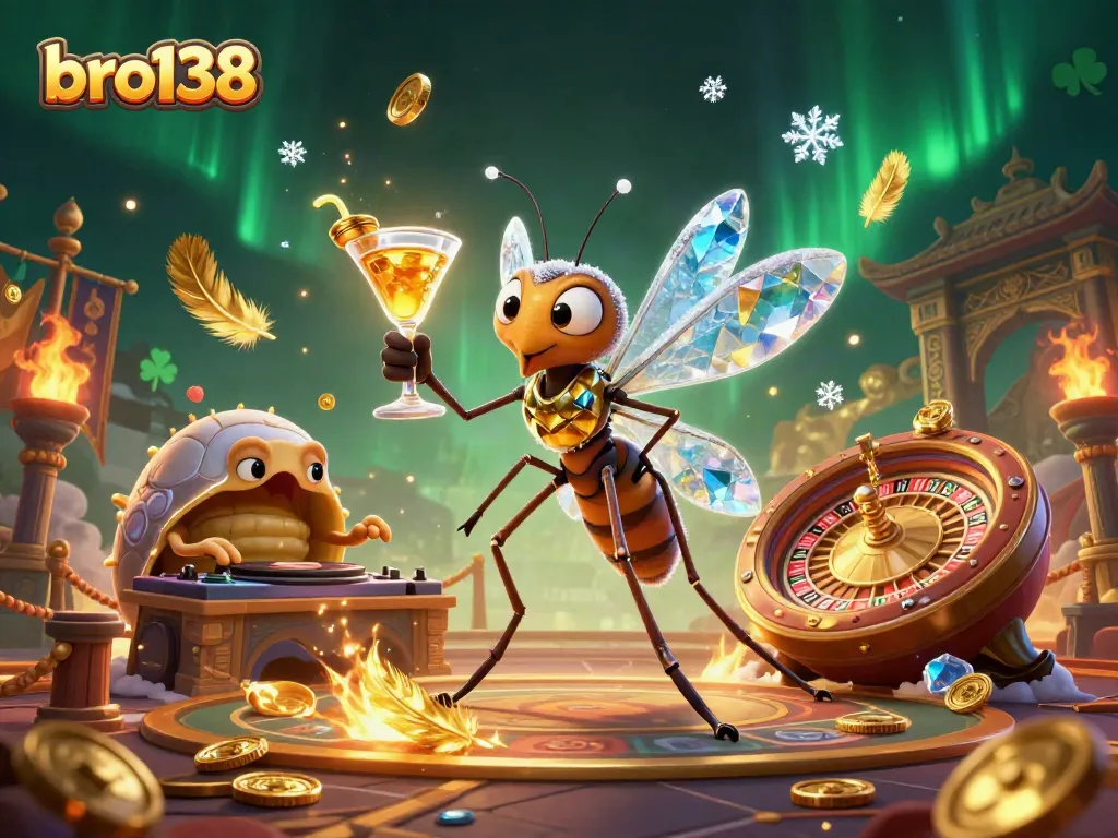 Experience winning spins with bro138 at a vibrant casino scene filled with animated gaming elements.