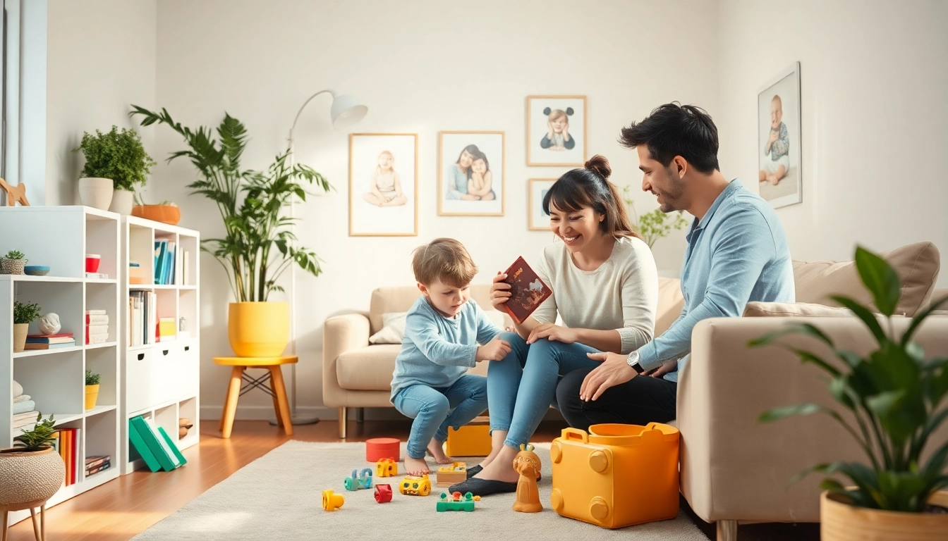 Kindererziehung in einem heimischen Wohnzimmer, gezeigt durch eine einfühlsame Interaktion zwischen Elternteil und Kind.
