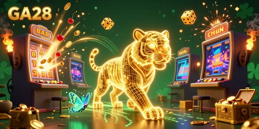 Experience GA28's thrilling digital casino world with a golden tiger, holographic butterflies, and vibrant slots.