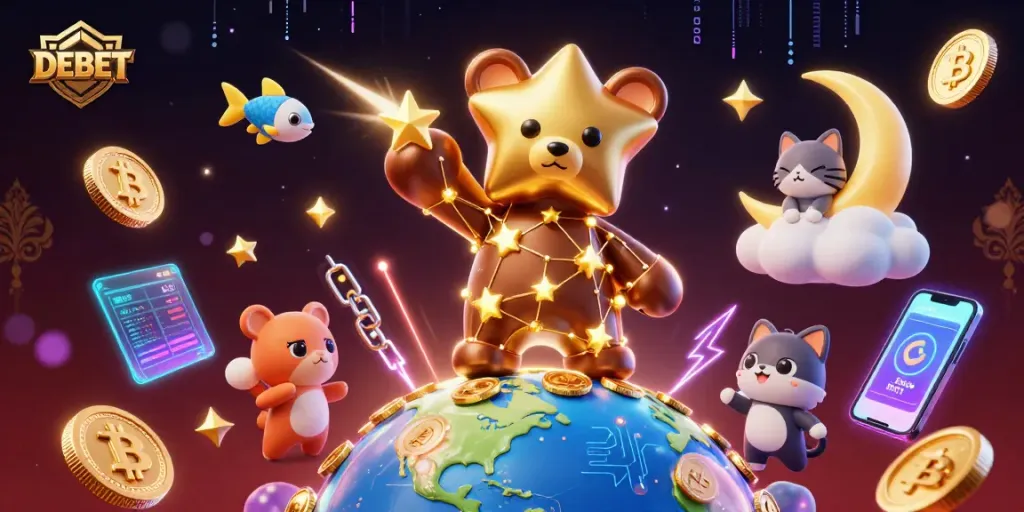 Win at DEBET with a vibrant 3D casino illustration of a constellation bear and celestial companions.