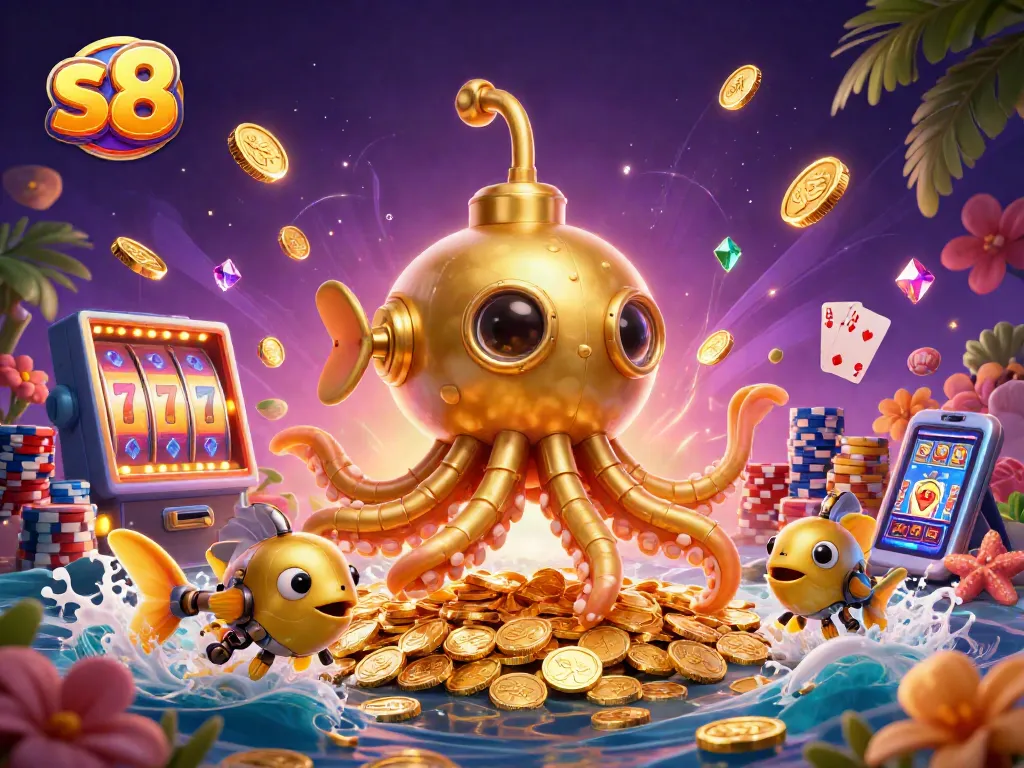 Experience thrilling wins with s8 slot games in a vibrant and dynamic 3D casino illustration.