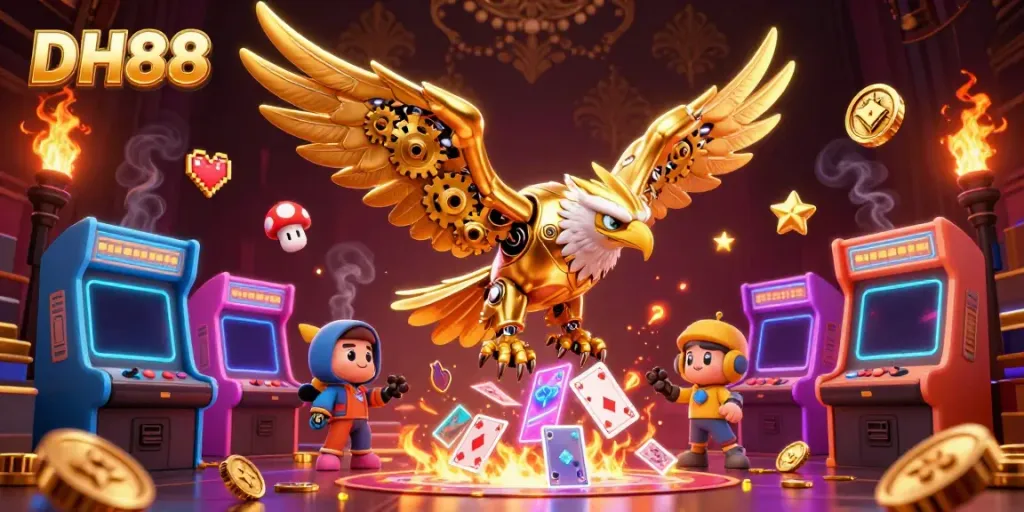 Experience the thrill of DH88 as the golden eagle dives through holographic cards in a vibrant casino scene.