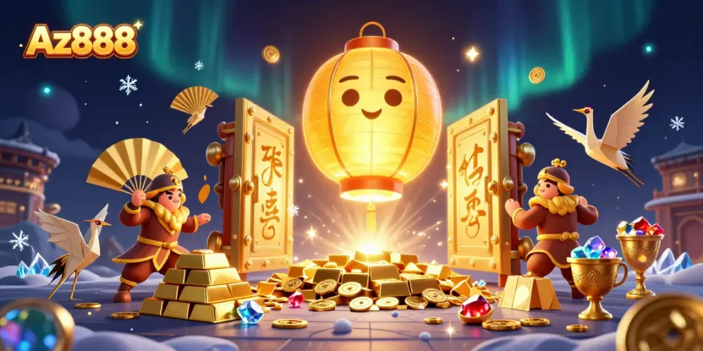 Engage in thrilling experiences at Az888 casino with vibrant 3D illustration displaying golden treasures and charming characters.