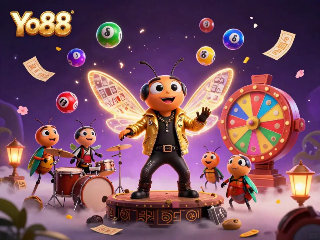 Experience the excitement at Yo88 with our vibrant gaming scene featuring dynamic characters and lucky lottery elements.