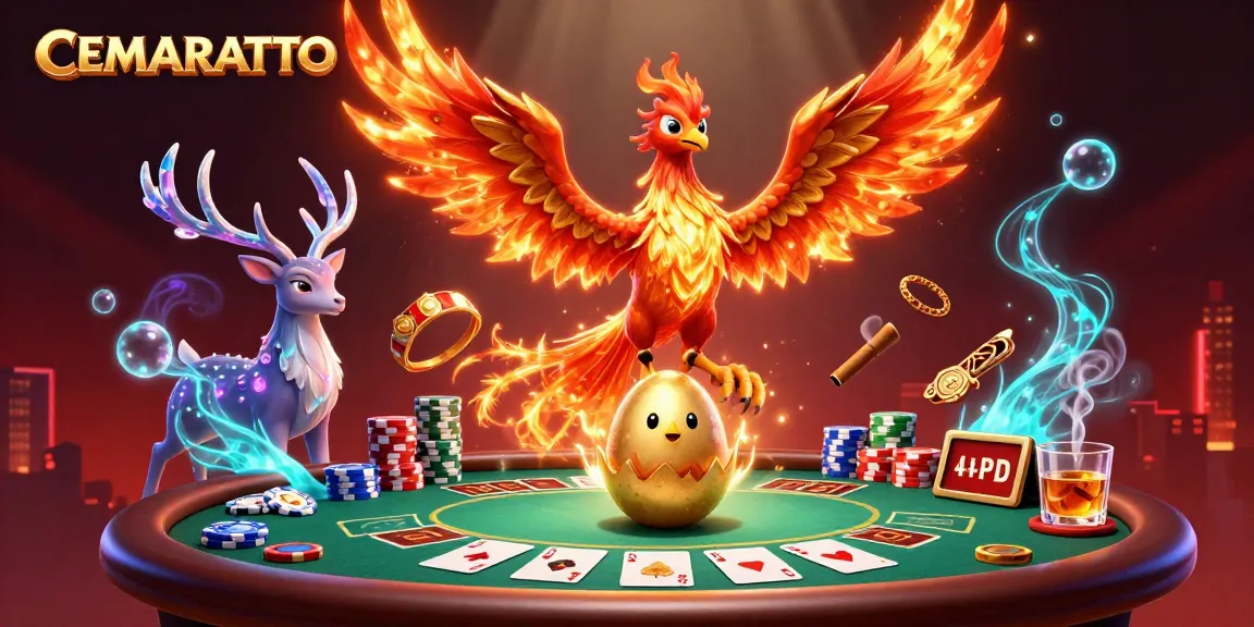Experience the excitement of CEMARATOTO with a vibrant 3D scene filled with poker action and dynamic characters.