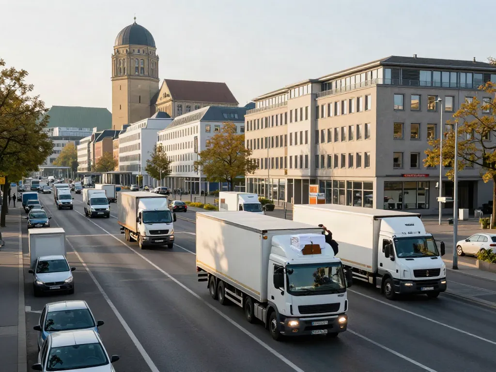 Transportfirma in Stuttgart, die Logistik auf einer belebten Straße mit Fahrzeugen und Ladetätigkeiten zeigt.