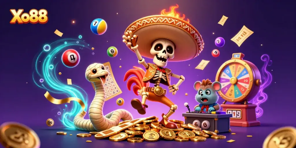 Xo88 brings excitement with a vibrant casino scene featuring colorful lottery elements and animated characters.