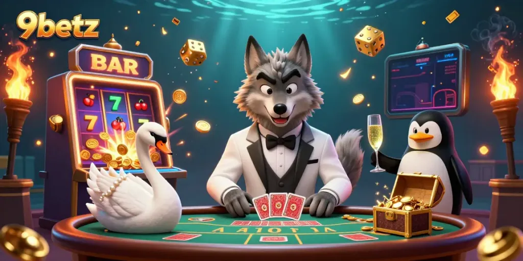 Experience thrilling casino action with 9betz in a vibrant, dynamic 3D illustration featuring an exciting baccarat scene.