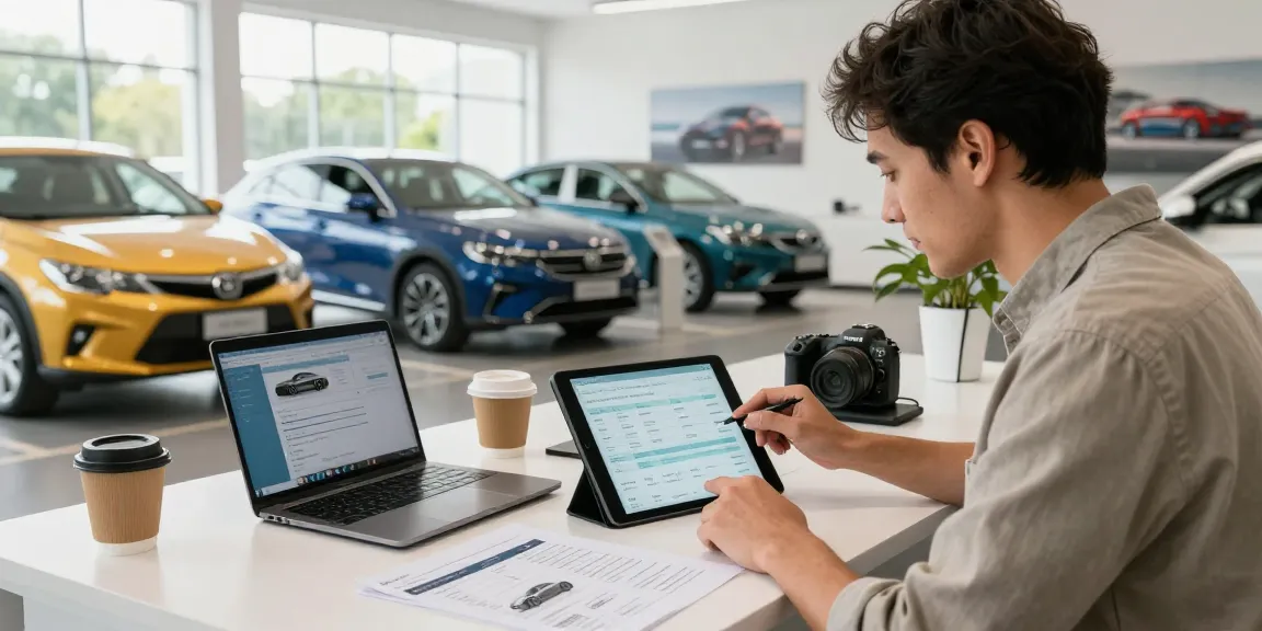 Buyer utilizing the best car history check UK while reviewing vehicle reports in a modern dealership.
