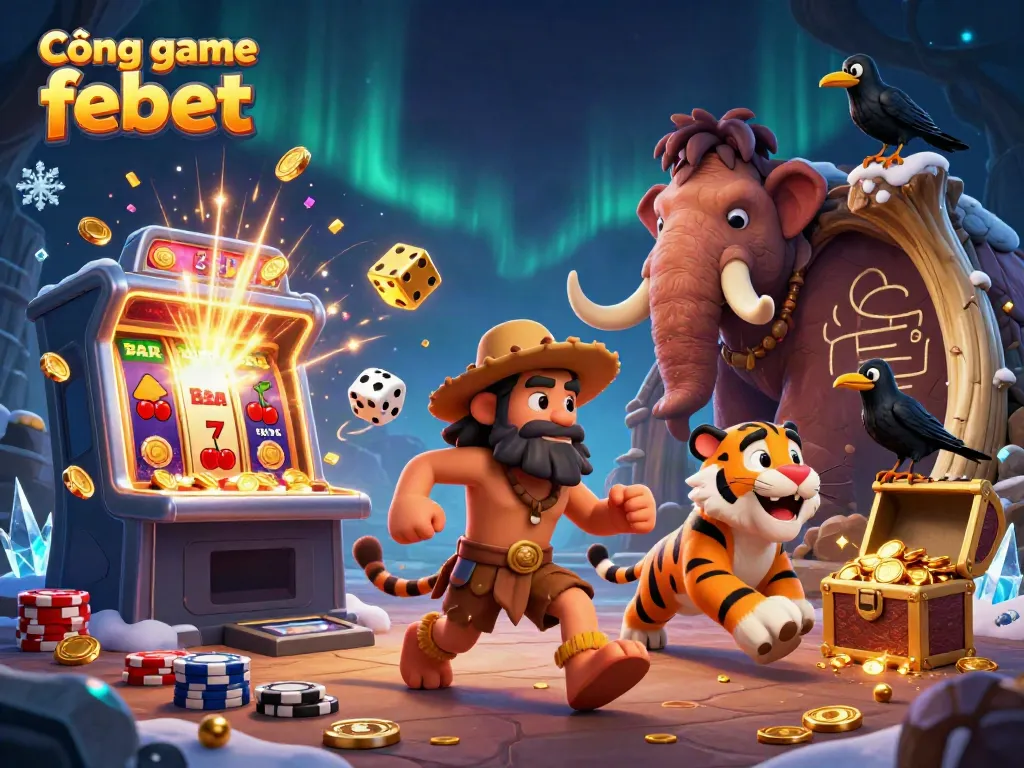Engage with the thrilling Cổng game febet experience featuring a prehistoric casino with vibrant game elements.