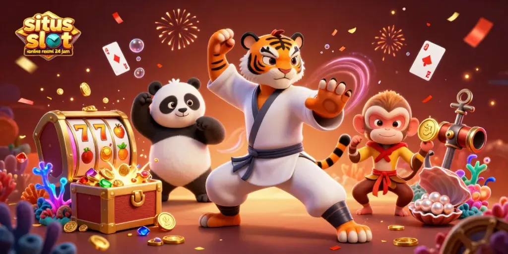 Experience the thrill of situs slot online resmi 24 jam with a cinematic illustration of a kung fu tiger, panda, and monkey amidst slot reels and treasures.