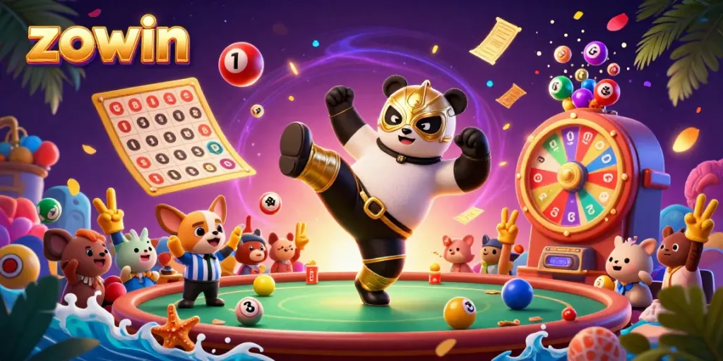 Experience the vibrant energy of zowin's dynamic gambling scene featuring a wrestling panda and excited crowd.