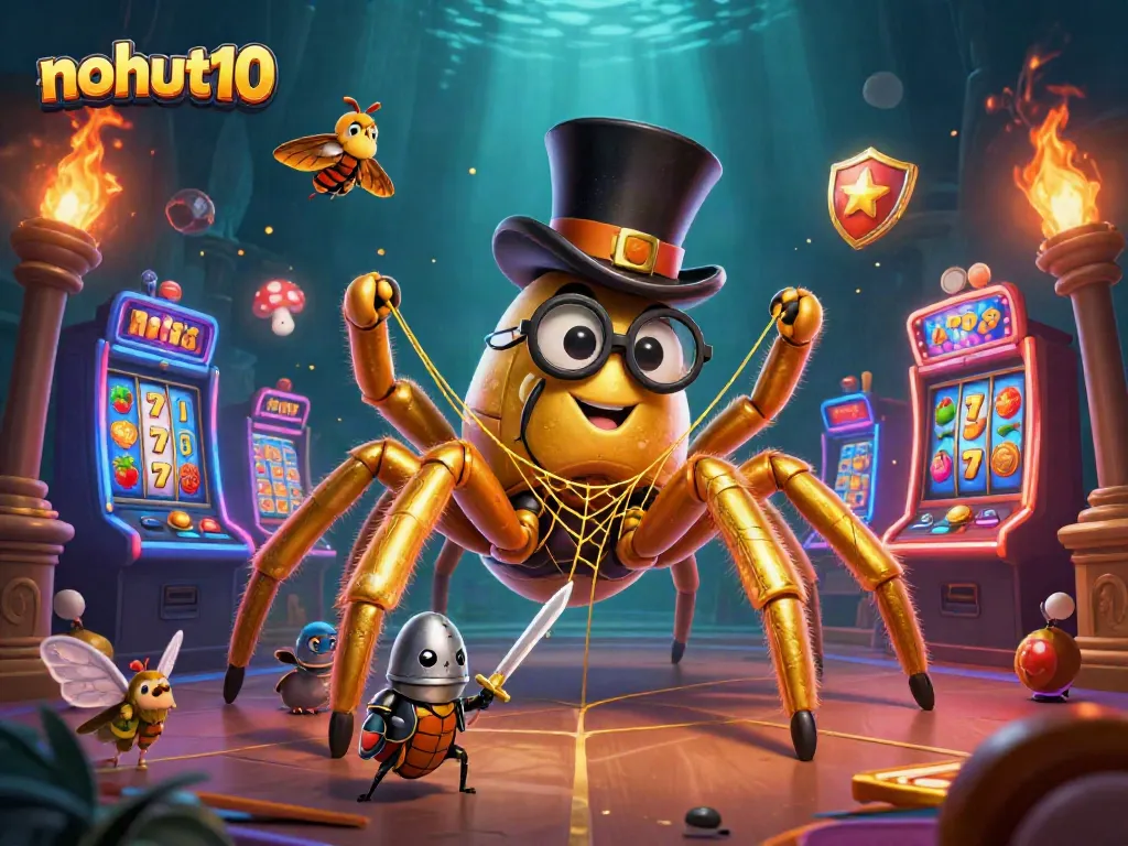 Experience nohut10's enchanting casino world with golden tarantulas, beetle knights, and vibrant slot machines.