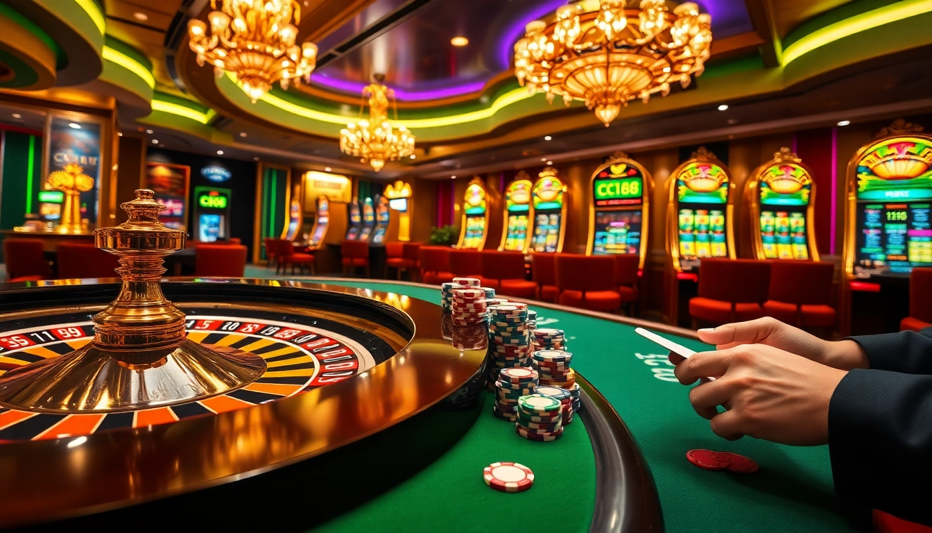 C168 casino scene featuring roulette, poker chips, and slot machines showcasing high-stakes gaming excitement.
