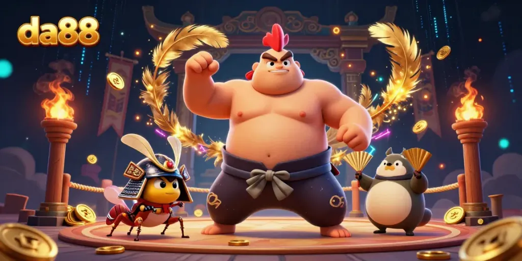 Engage in thrilling betting with da88 as a powerful sumo wrestler and fierce samurai cricket entertain in a dynamic setting