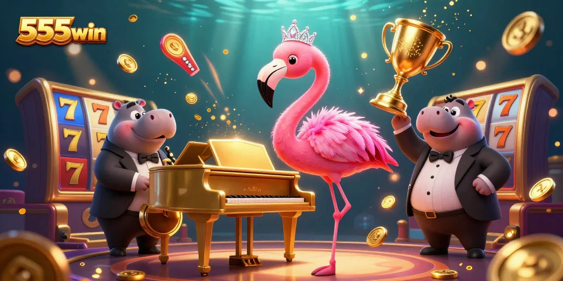 Experience thrilling gaming at 555win with vibrant slot reels and lively characters in a spectacular casino scene.