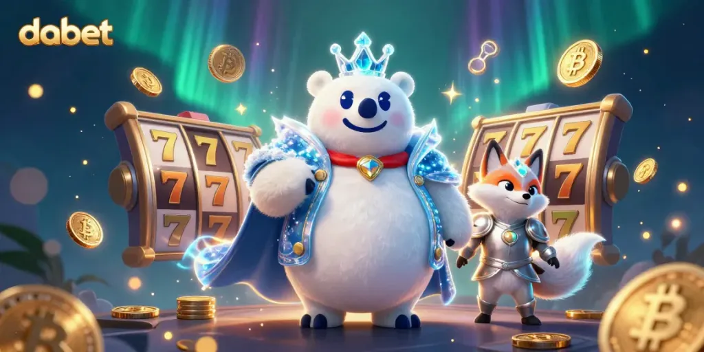 Dabet casino promotes jackpots and slots with a polar bear and silver fox, showcasing vibrant gaming elements.
