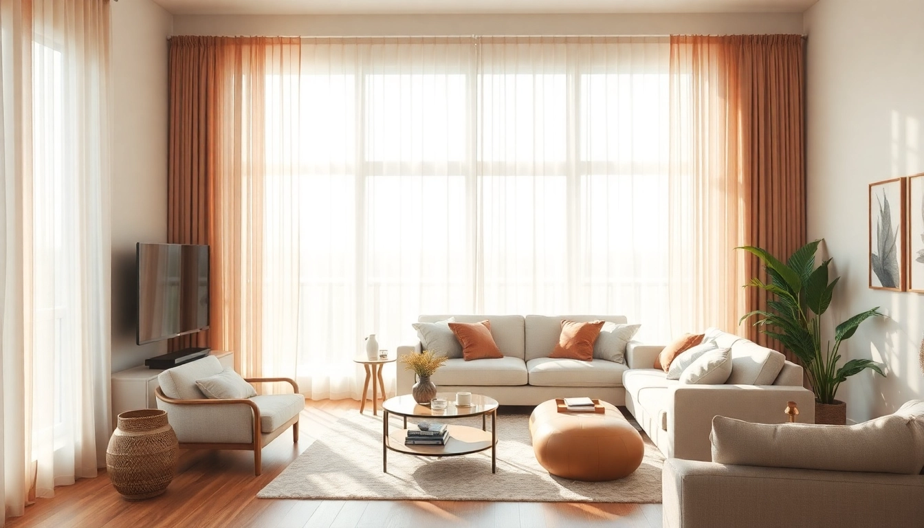 Plissee konfigurieren: Designer-Raum mit maßgefertigten Plissees in hellen Erdtönen und sanften Pastellfarben unter natürlichem Licht.