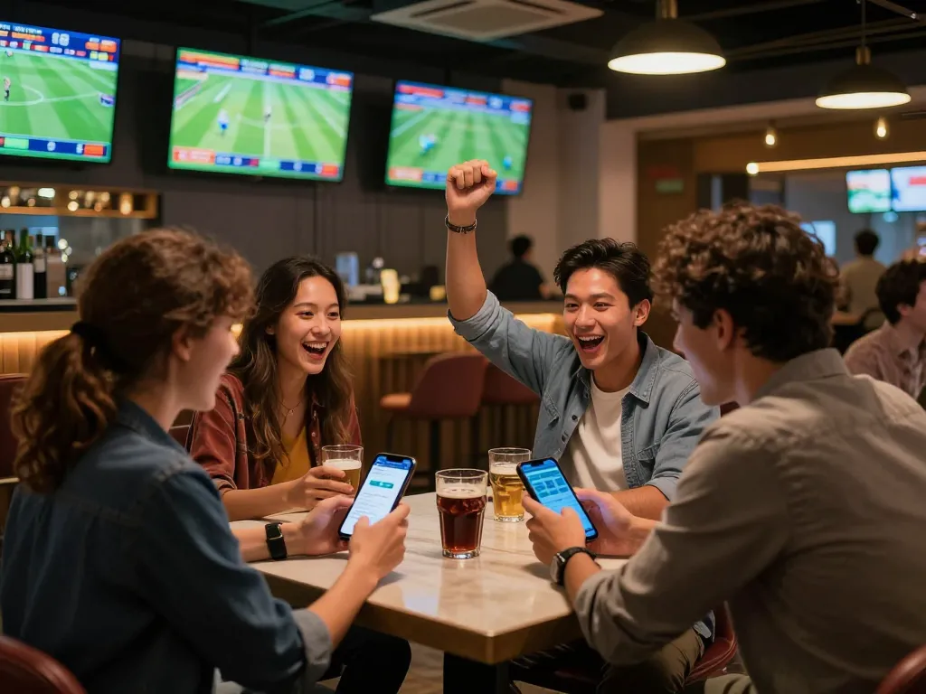 Engaging group of friends cheering over tỷ lệ bóng đá kèo nhà cái while using mobile betting app during live football match