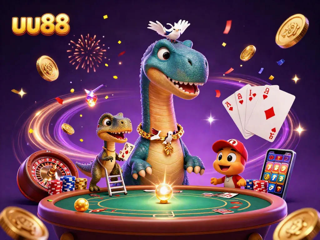 Engage in thrilling casino gameplay with uu88 as a majestic brontosaurus watches a clever raptor deal cards.