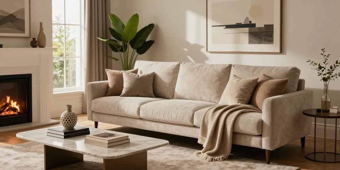 Baxter Sofa Preis, dargestellt in einem eleganten Wohnzimmer mit weichen Kissen und sanfter Beleuchtung, zeigt Luxusmöbel.