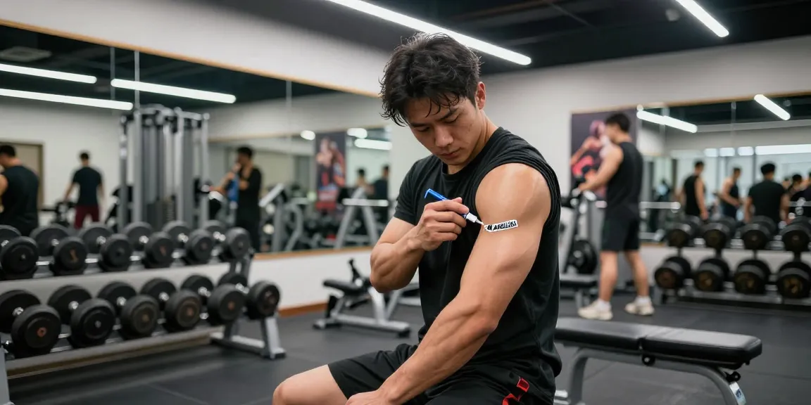 Anabolika Shop - Athlet injiziert Anabolika im modernen Fitnessstudio mit Geräten und motivierenden Postern
