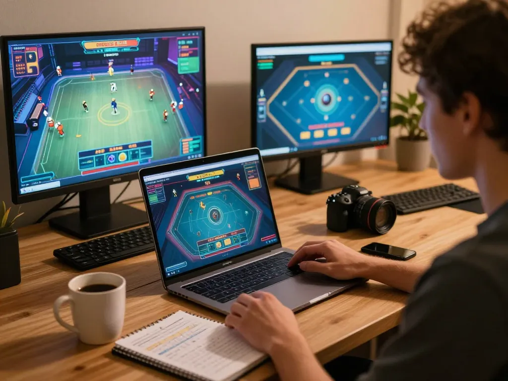 Engaged player using laptop for hm88 online gambling, showcasing dynamic live dealer game.