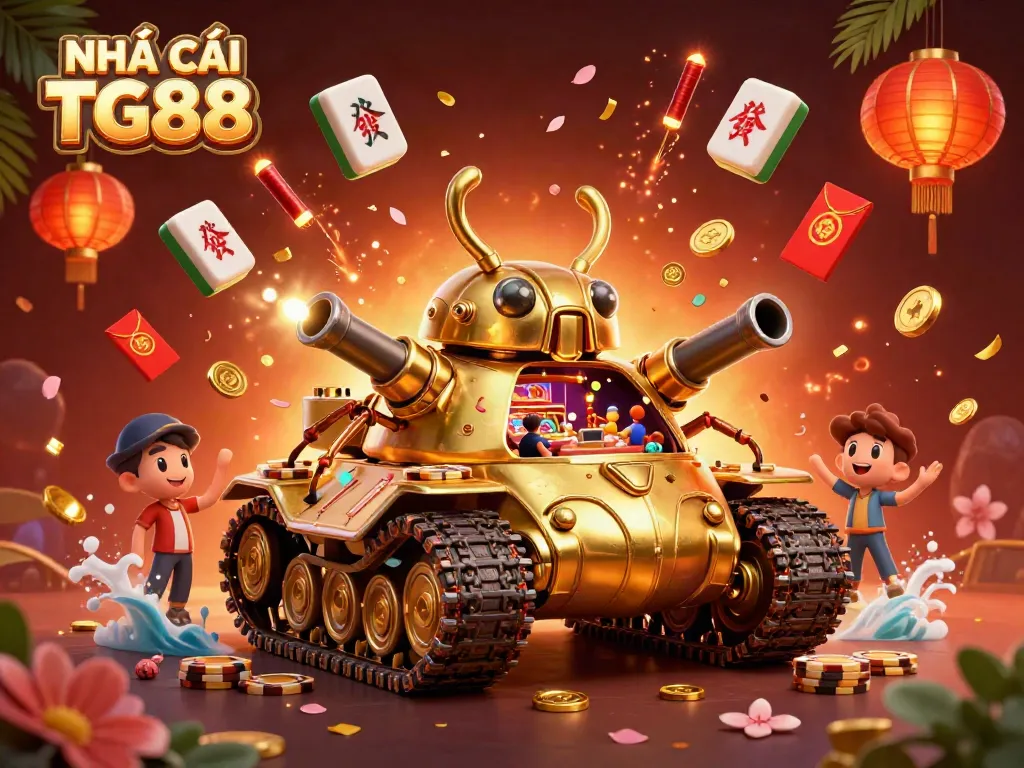 Experience NHÀ CÁI TG88 artfully depicted with a golden beetle tank casino scene.