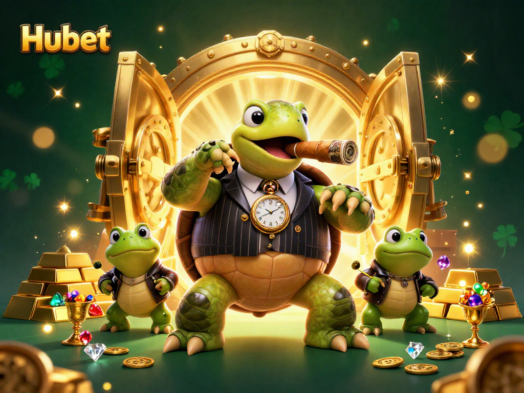 Join the excitement at Hubet with a 3D casino illustration featuring a turtle in a pinstripe suit and treasure.