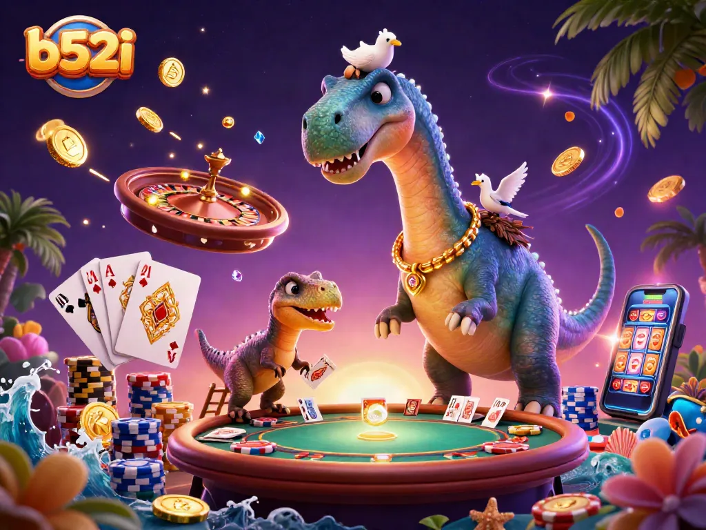 Engage with b52i's vibrant casino atmosphere featuring a towering brontosaurus and a clever raptor dealing cards, illustrating a lively gaming scene.