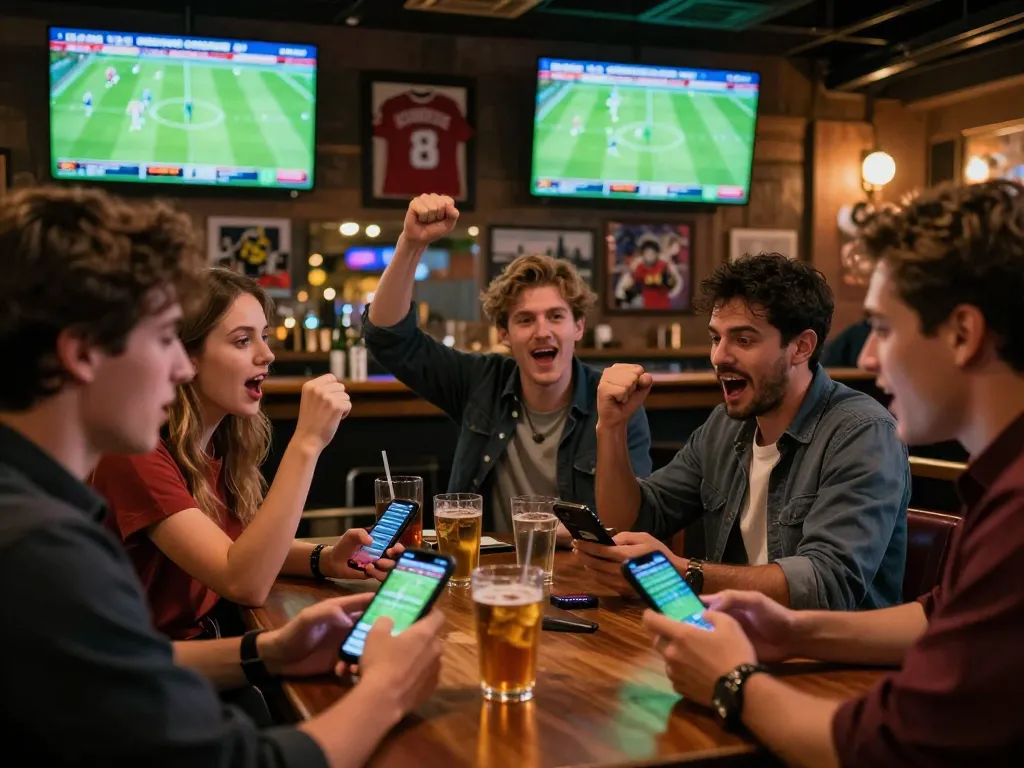 Engaging atmosphere of soi kèo bóng đá at a lively sports bar with patrons celebrating