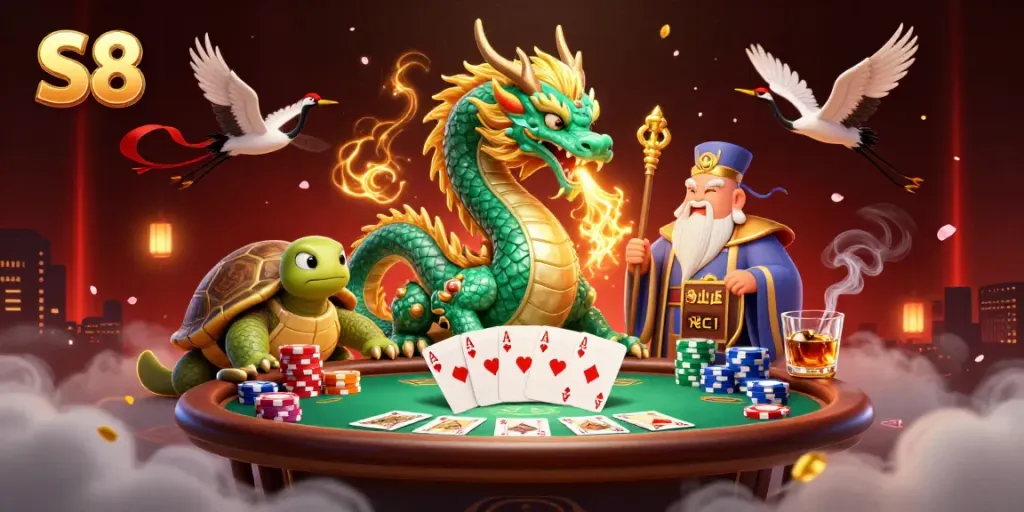 Experience the thrill of S8 with a majestic dragon and dynamic poker scene.