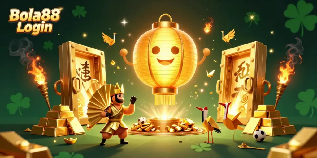 Engage with Bola88 Login featuring a vibrant golden lantern spirit and sports betting elements in a casino scene.