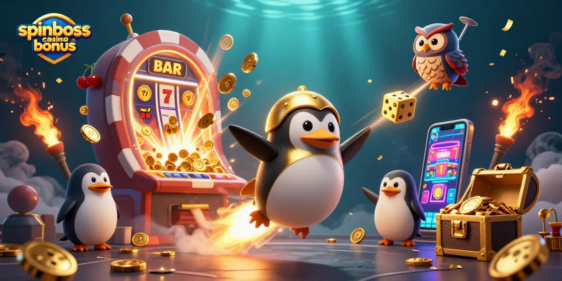 Erleben Sie den SpinBoss Casino Bonus mit einem goldenen Pinguin im All und einem Jackpot-Explosionseffekt.
