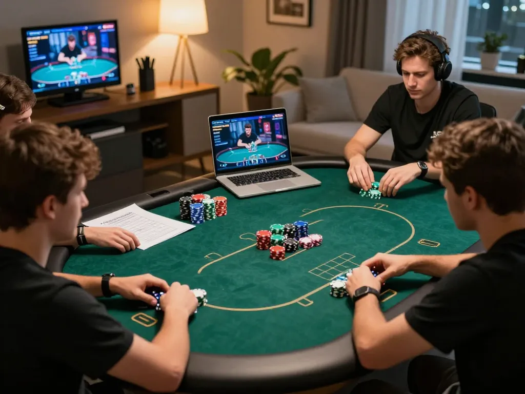 Player in a competitive home poker game utilizing sc 88 strategies, with chips and notes on the table.