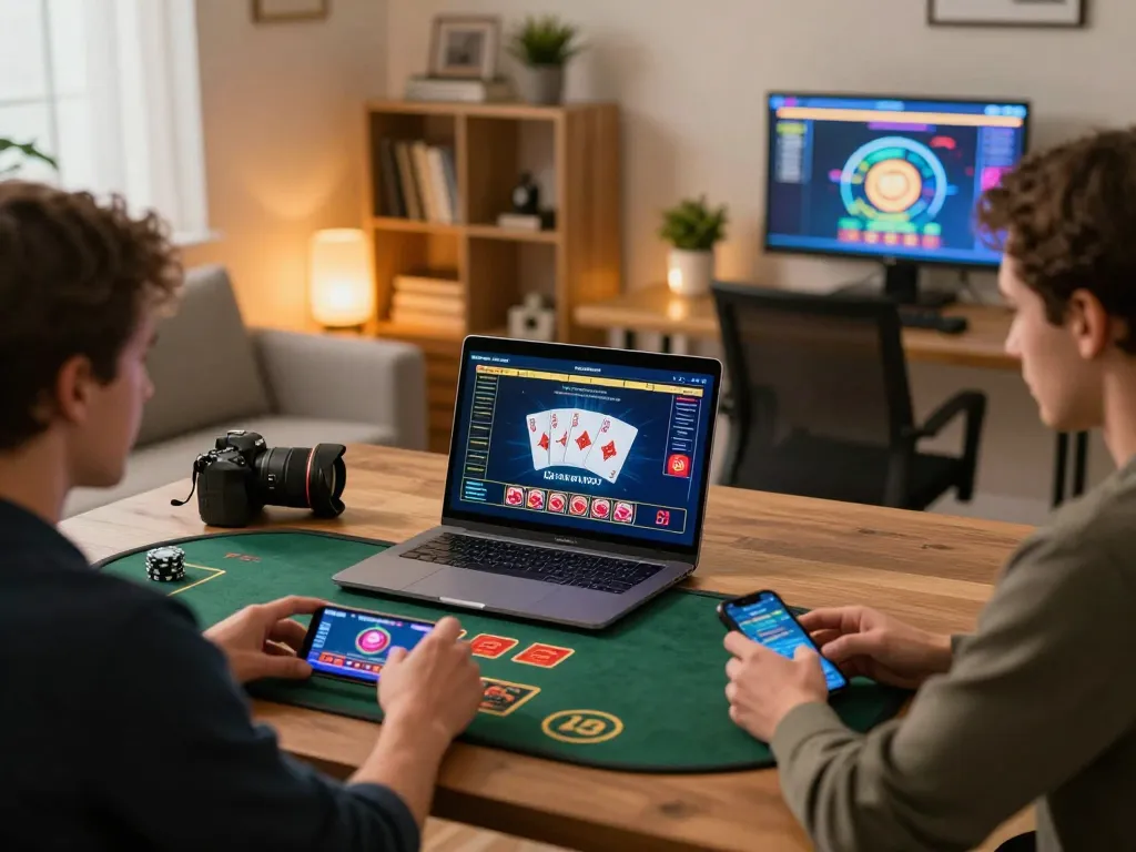 Engaging in online gambling at CM88 with a laptop showing live dealer gameplay and smartphone for betting
