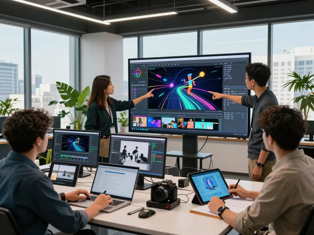 Team analyzing motion AI project in a modern studio