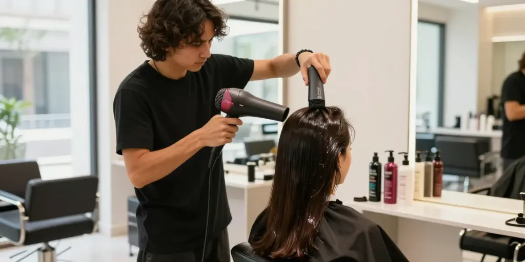 Professioneller Haartrockner wird im Salon für glänzendes Haar verwendet