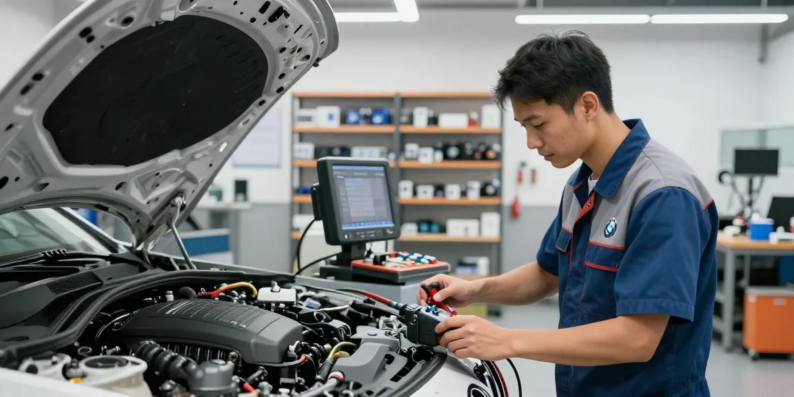 Fachtechniker des BMW-Service Hannover inspiziert Motor in einer professionellen Werkstatt.