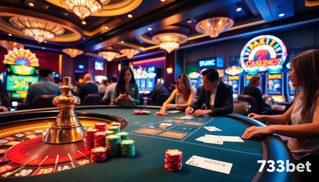 Engaging scene of a high-stakes poker game at 733bet casino, showcasing vibrant chips and a roulette wheel.