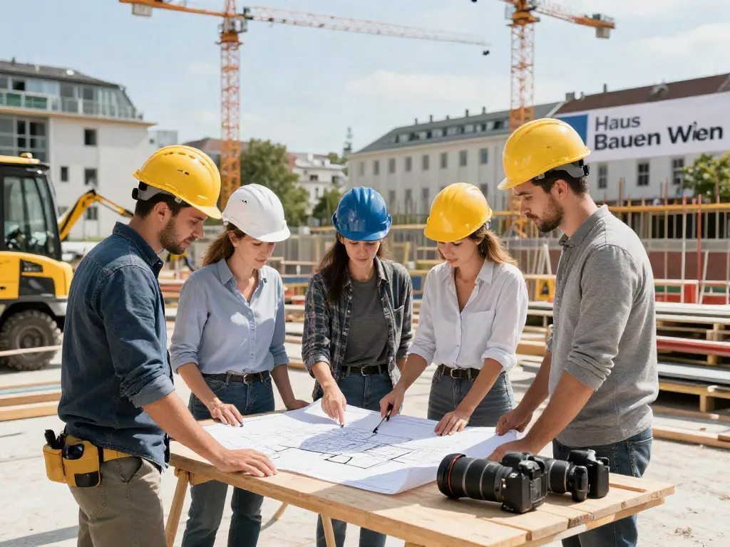 Haus Bauen Wien: Architekten und Bauarbeiter auf der Baustelle in Wien
