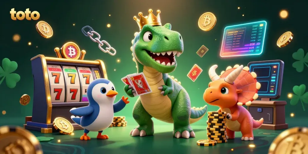 Engaging casino illustration featuring a playful T-Rex as a dealer with toto elements and vibrant gaming details.