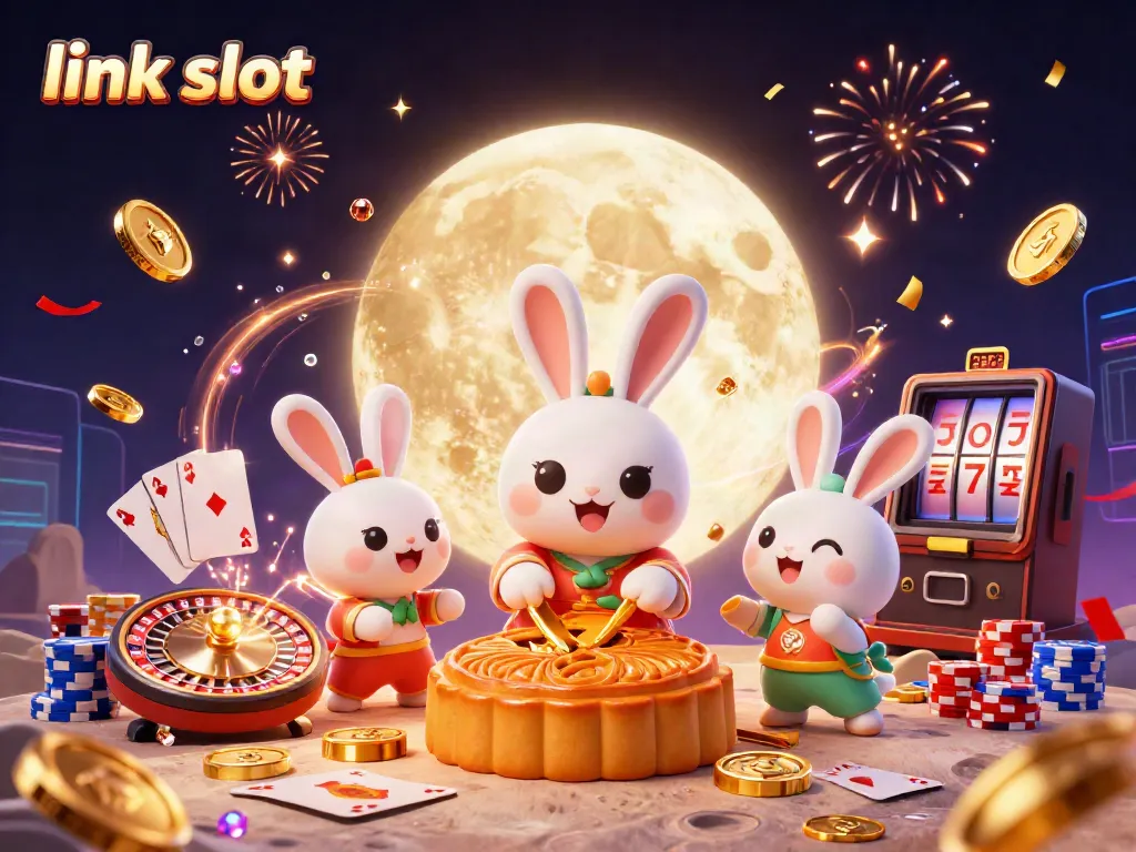 Experience the thrill of link slot with vibrant rabbit characters and casino elements in an animated 3D scene.