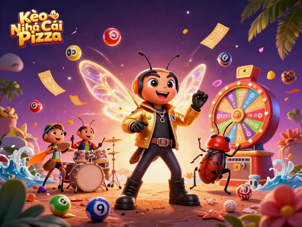 Engage with Kèo Nhà Cái Pizza's lively scene featuring a rock star cicada and jubilant game elements.