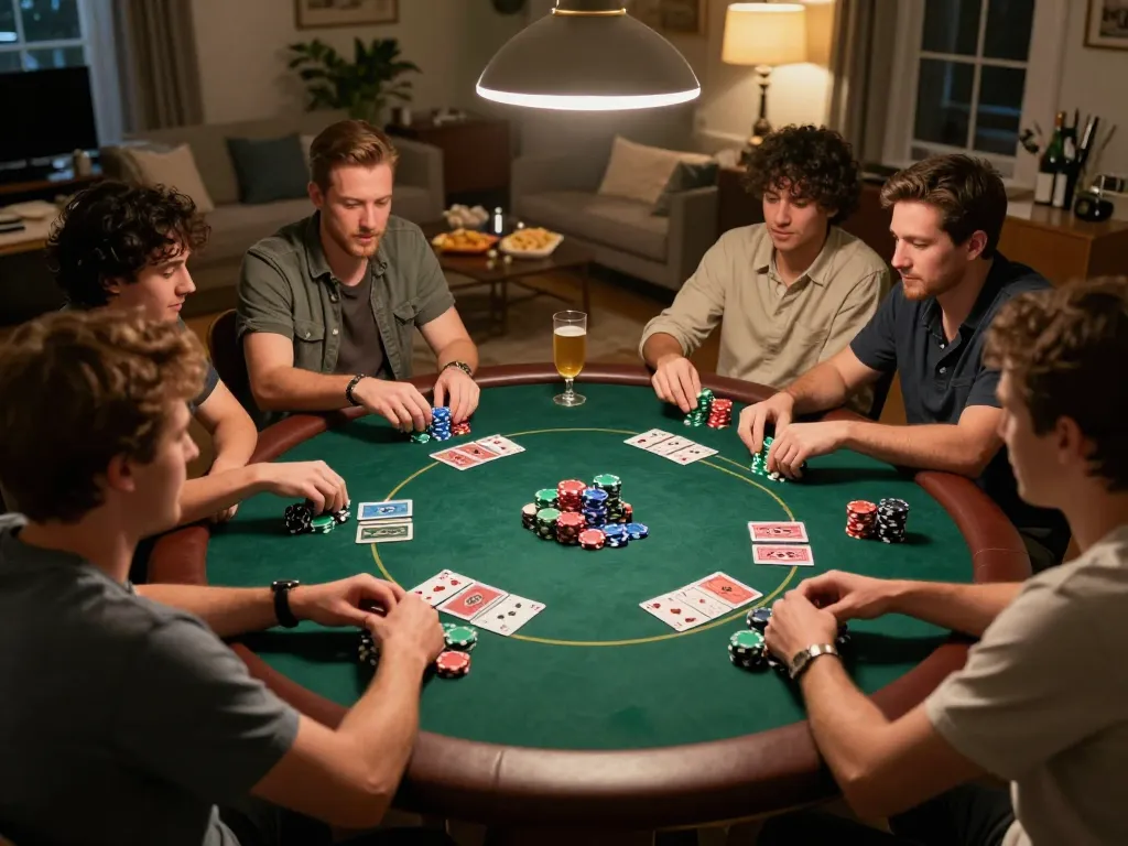 Alo789 players engaged in intense poker gameplay during a cozy home night, capturing the excitement and strategy of friendly gambling.