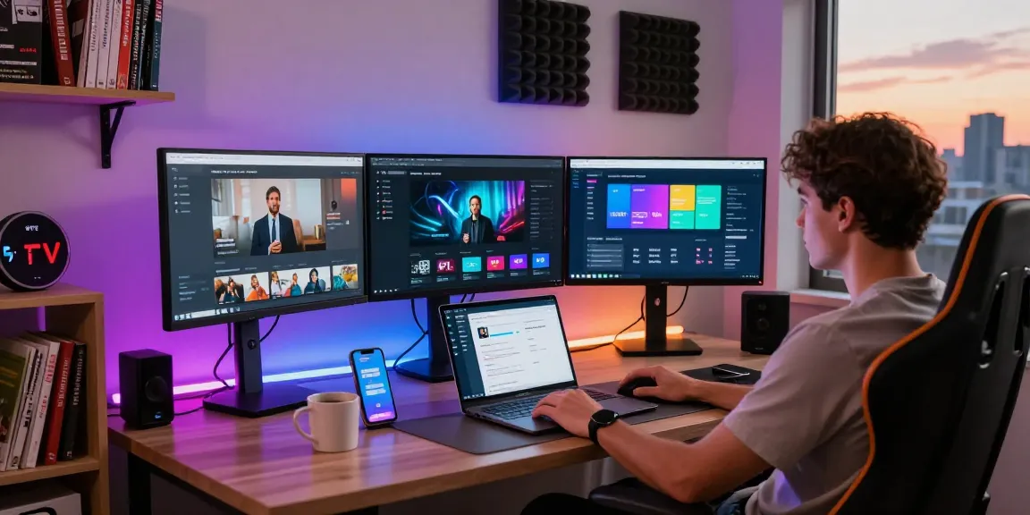 Professioneller IPTV Smart Player Arbeitsplatz mit Analysen und Benutzeroberflächendesigns, IPTV Smarters Pro im Einsatz.